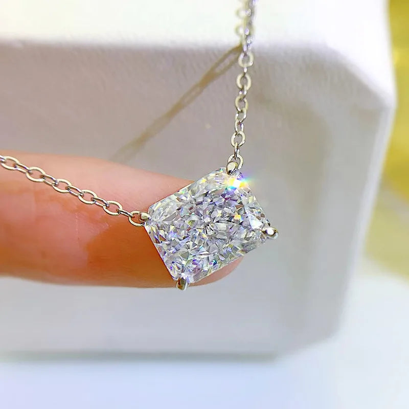 EWYA 4 Carat Radiant Baguette White Diamond Clavicle Necklace Simple Women's Lotus 925 Silver Necklaces for Women Fine Jewelry