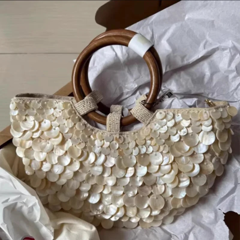 Handmade Shell Embroidery Woven Tote Bag – Luxury Straw Bucket Handbag with Wooden Handle