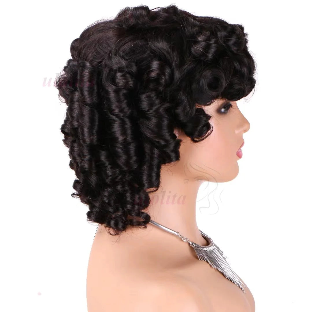 Bouncy Curly Human Hair Wig with Bangs – Pixie Cut Bob, Loose Wave 100% Remy Machine-Made Wig (200% Density)