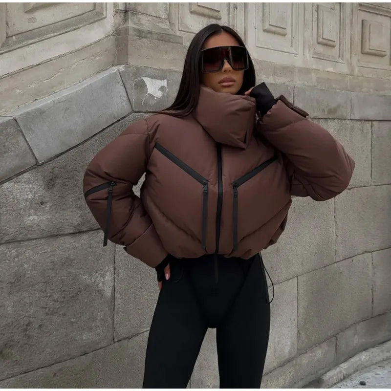 Street Thicken Cotton Women Short Coat Long Sleeve Zippers Pocket Pocket Stand Female