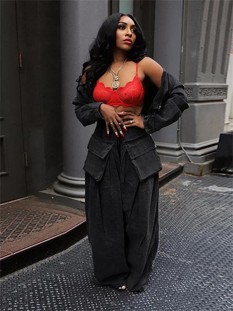 Jeans Women High Waist Denim Bottom Boy Friend Straight Cargo Pockets Zip Pants Korean Streetwear