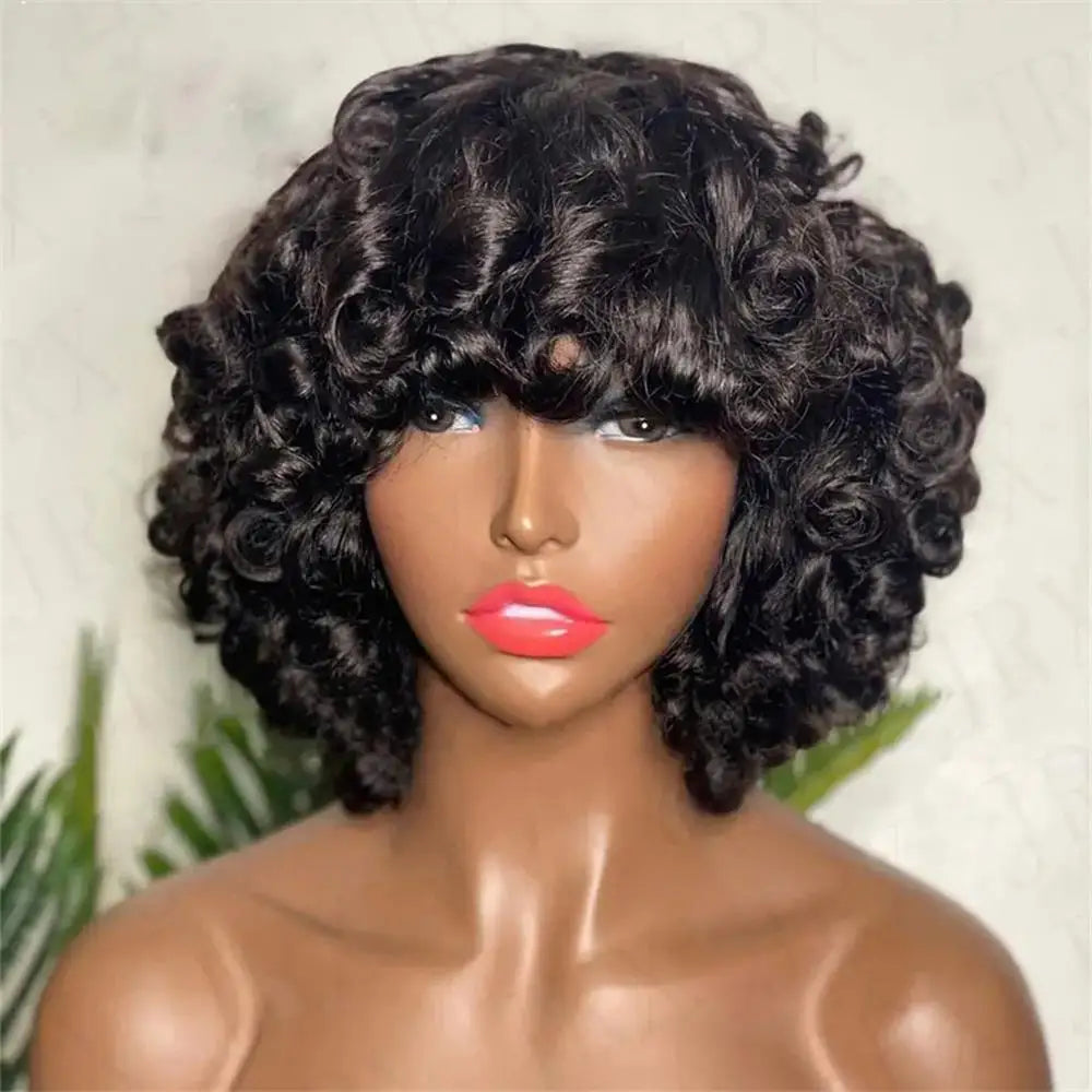 Bouncy Curly Human Hair Wig with Bangs – Pixie Cut Bob, Loose Wave 100% Remy Machine-Made Wig (200% Density)