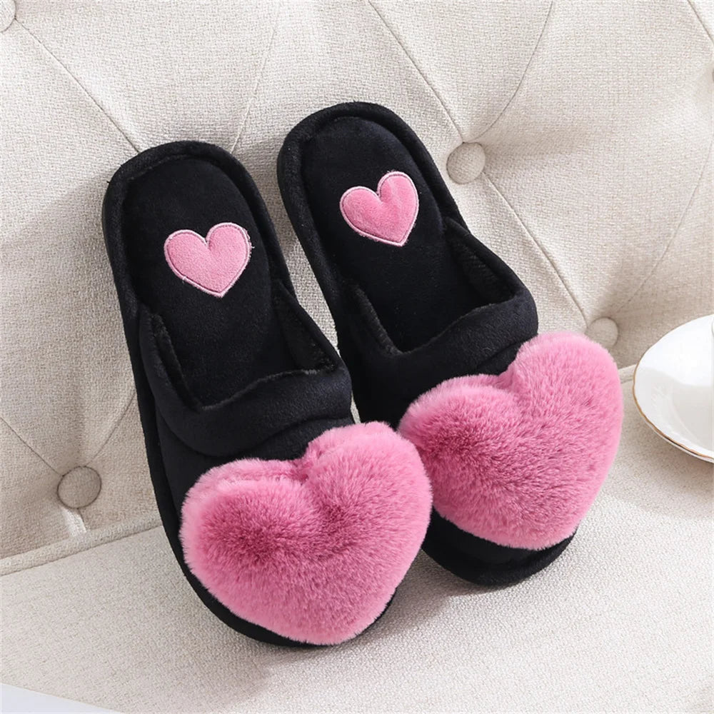 Women’s Plush Heart Slippers – Warm Indoor Non-Slip Winter House Shoes