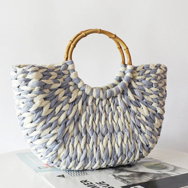 Handmade Shell Embroidery Woven Tote Bag – Luxury Straw Bucket Handbag with Wooden Handle