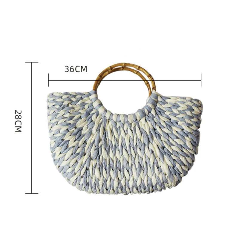 Handmade Shell Embroidery Woven Tote Bag – Luxury Straw Bucket Handbag with Wooden Handle