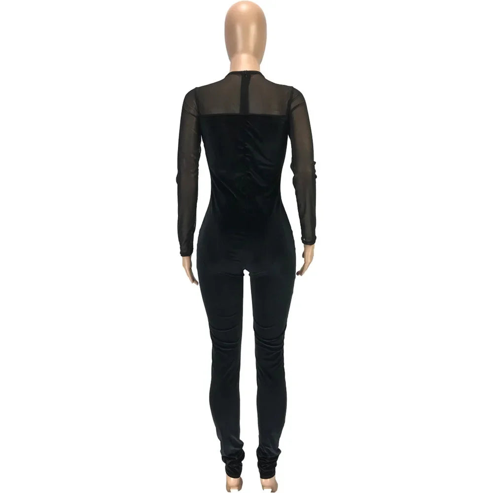 Sexy Sheer Mesh Patchwork Velvet Jumpsuit Women Long Sleeve Skinny Rompers Womens Jumpsuit Elegant Slim Bodycon Party Overalls