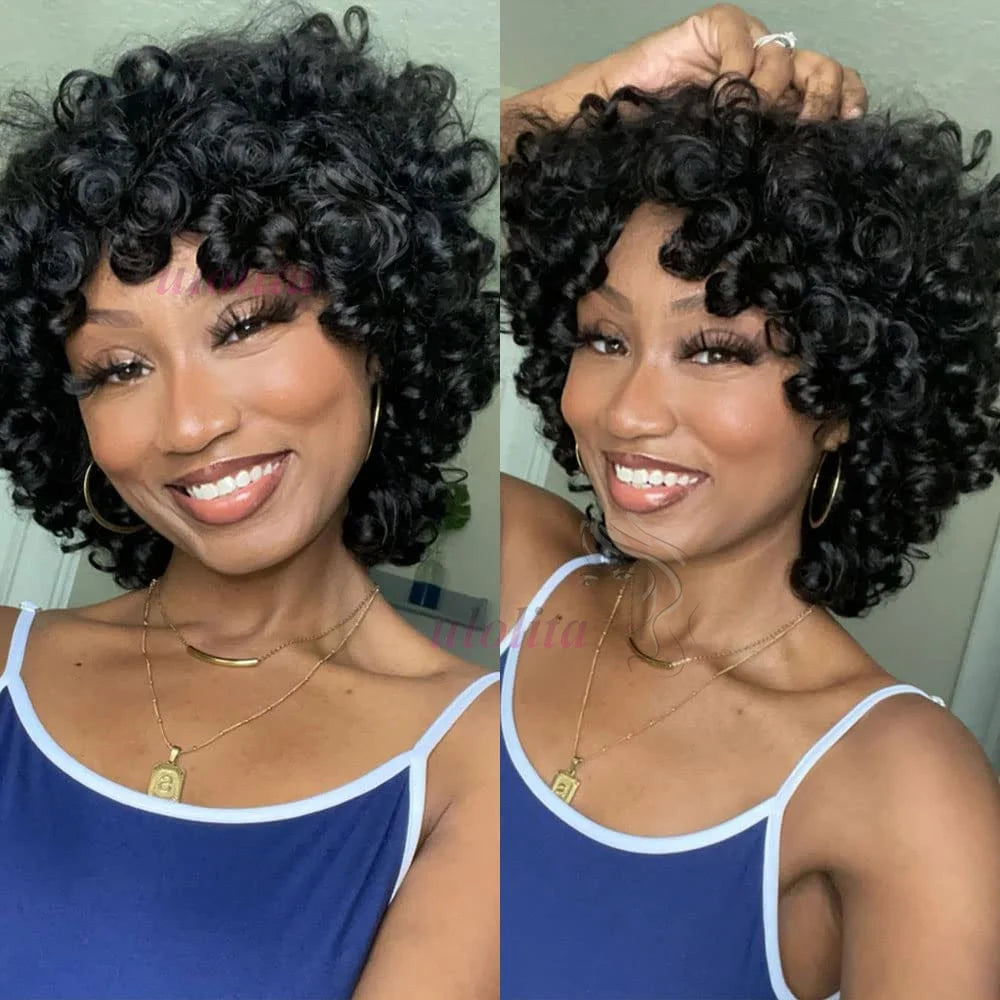 Bouncy Curly Human Hair Wig with Bangs – Pixie Cut Bob, Loose Wave 100% Remy Machine-Made Wig (200% Density)