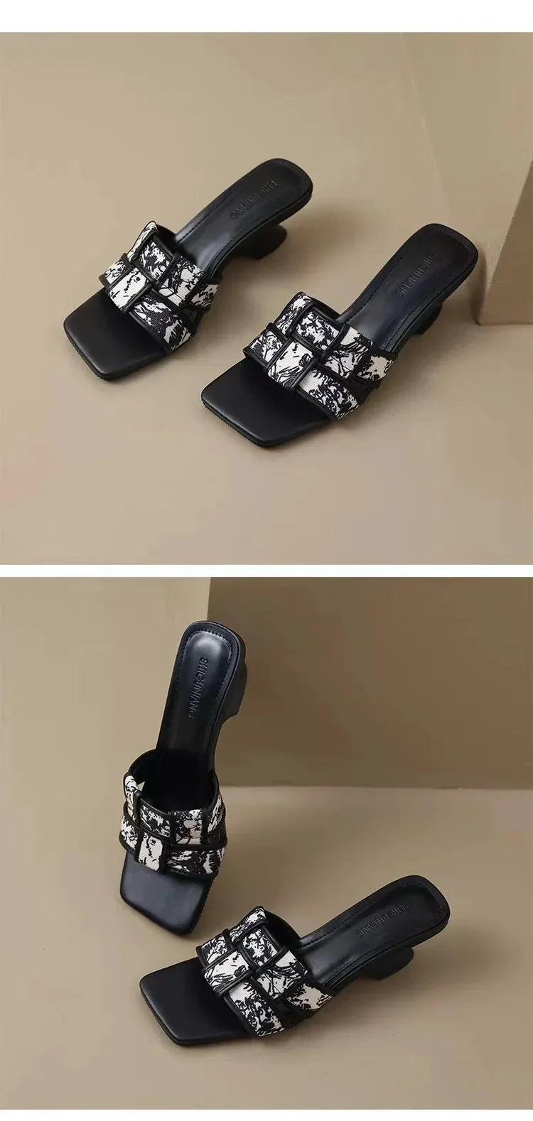 Women’s High Heel Slippers New Summer Fashion Braided Ladies Elegant Sandals Stiletto Square Toe Slip-On Comfy Casual Shoes