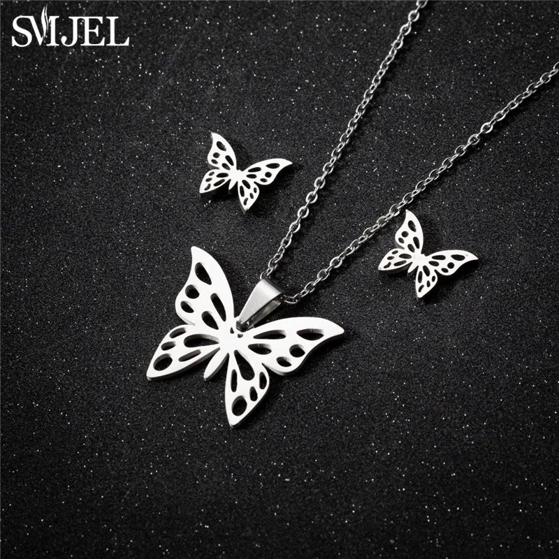 Korea Style Stainless Steel Butterfly Jewelry Sets for Women Cartoon Bee Insect Pendant Necklace Girls Summer Beach Wedding