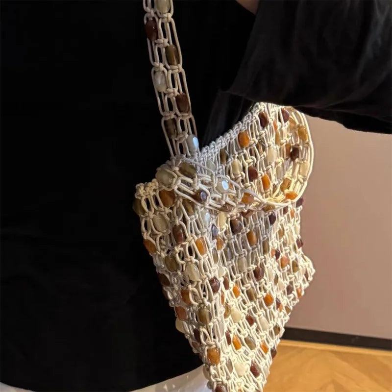Handmade Shell Embroidery Woven Tote Bag – Luxury Straw Bucket Handbag with Wooden Handle