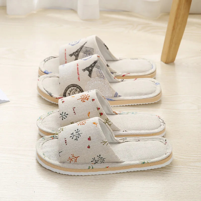 Four Season Linen Home Slippers – Women’s Indoor Non-Slip Floral Slides with Cartoon Cat Design