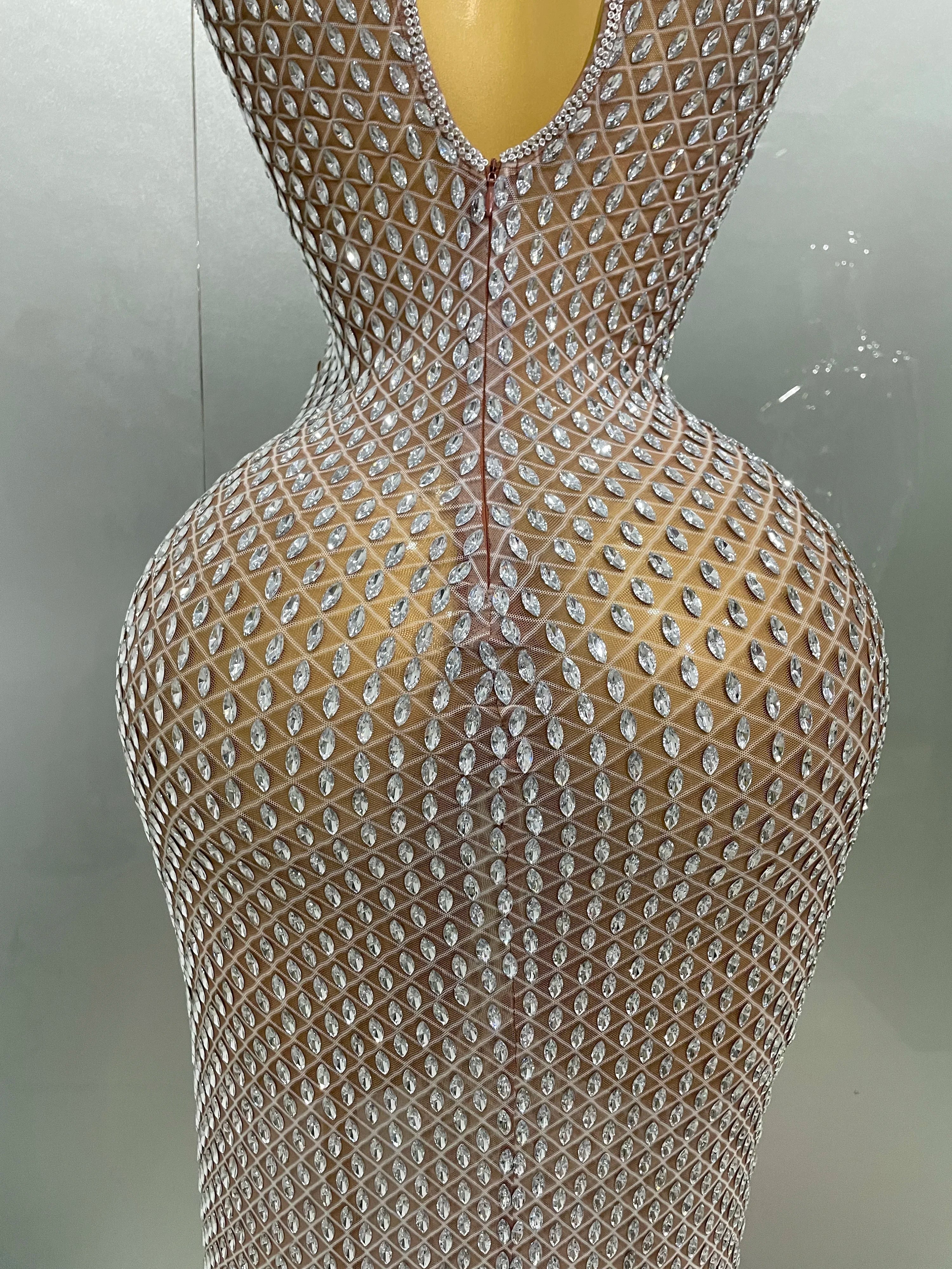 2025 Luxurious Full Rhinestones Mesh Transparent long dress Women Birthday Celebrate Evening Prom Dress party Club Stage Costume