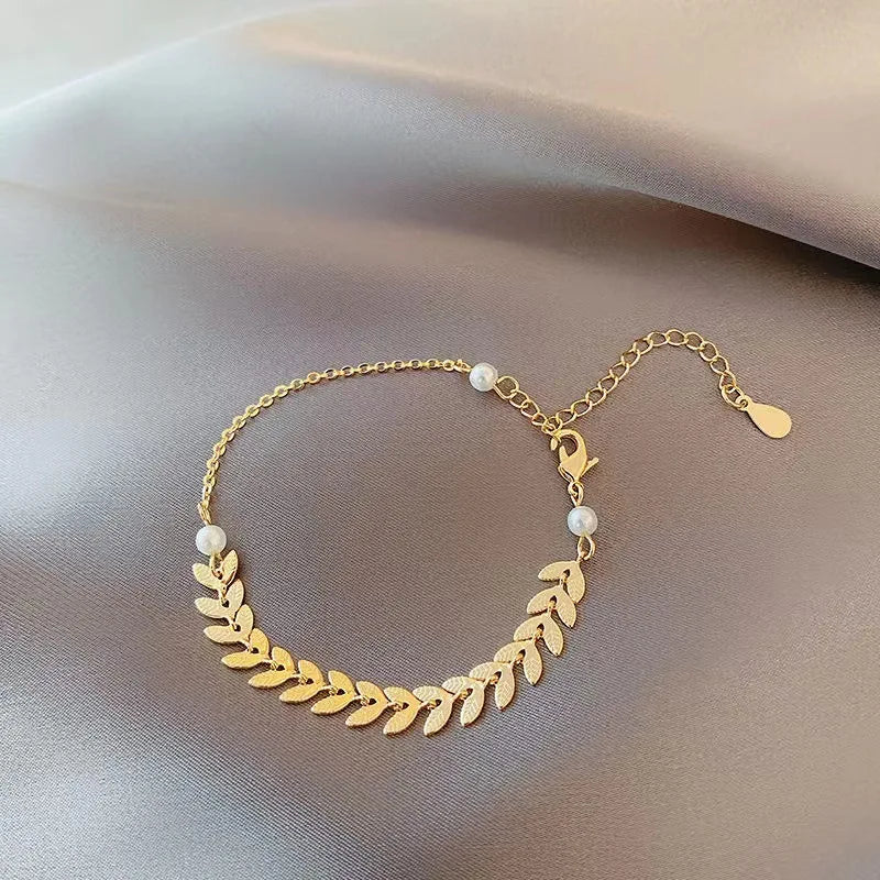 Simple Wheat Ear Pearl Bracelet Necklace Earrings Jewelry Set for Women Temperament Lucky Gold Color Bracelet Charm Jewelry