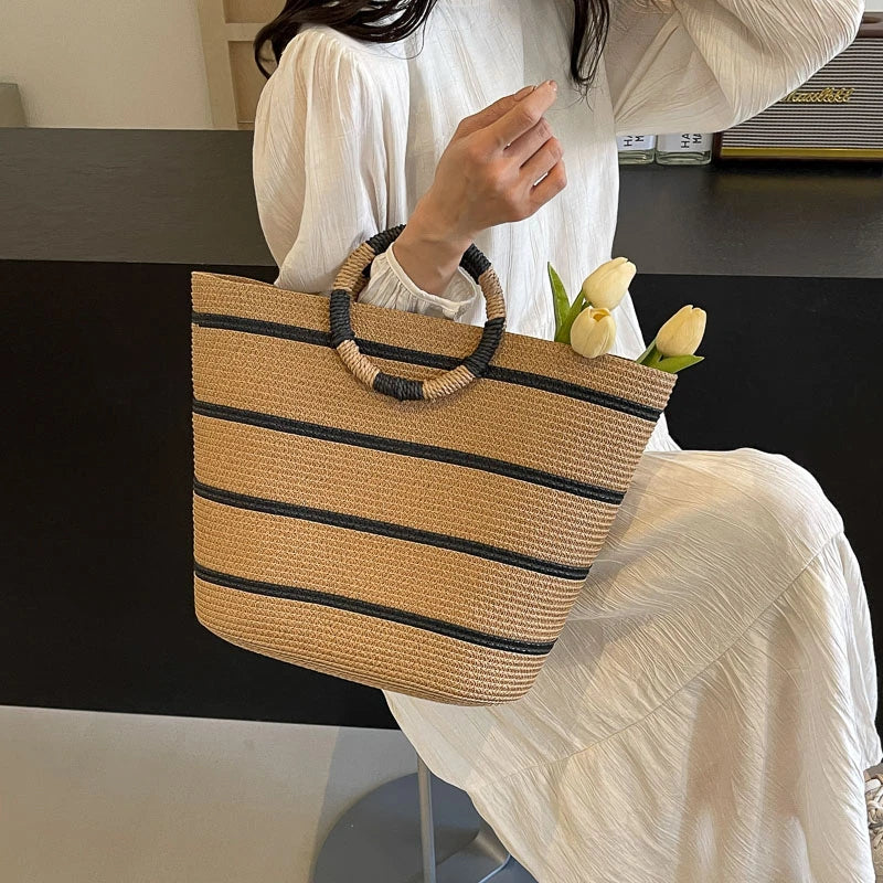 Handmade Woven Straw Beach Bag – Women’s Summer Shoulder Tote Handbag