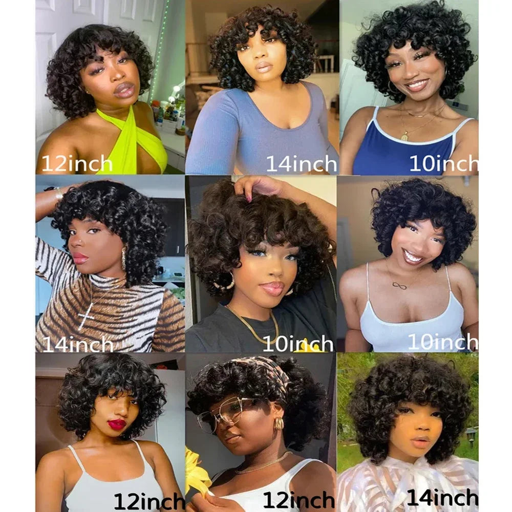 Short Curly Bob Wig with Bangs – 100% Brazilian Remy Human Hair, Glueless Machine-Made Afro Wig