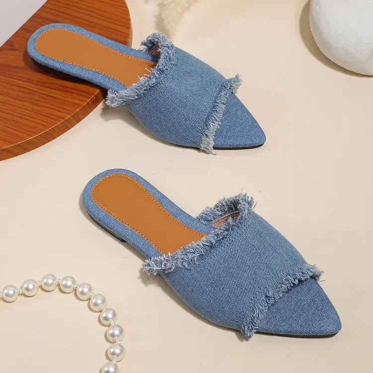Women's Flat Stylish Beach Slippers, Denim Style, Summer Women's Pointed Cool Sandals Shoes for Women Zapatos Mujer