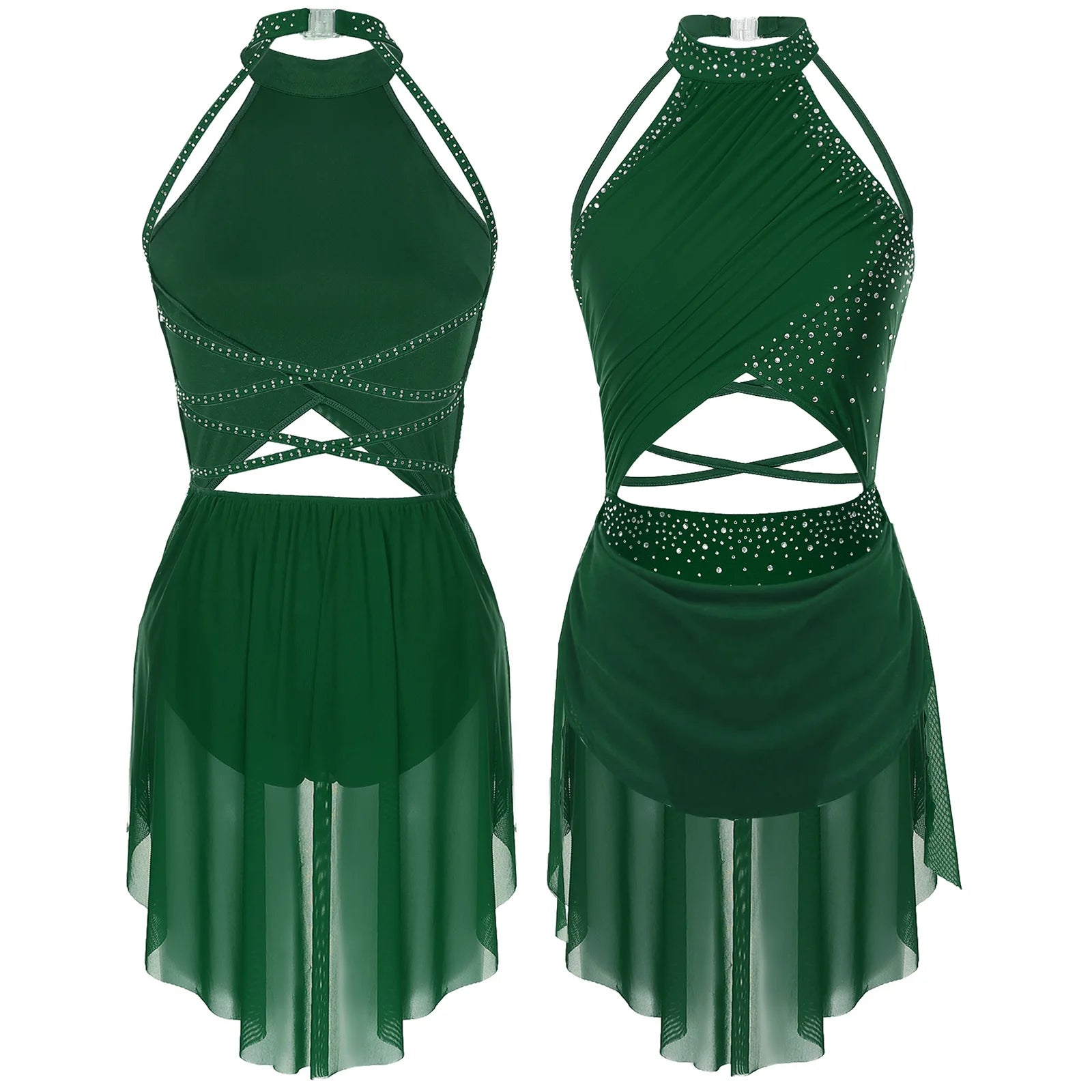 Womens Lyrical Dance Dress Performance Costume Cutout Strappy Backless Sheer Mesh Overlay Glittery Rhinestone Leotard Dress