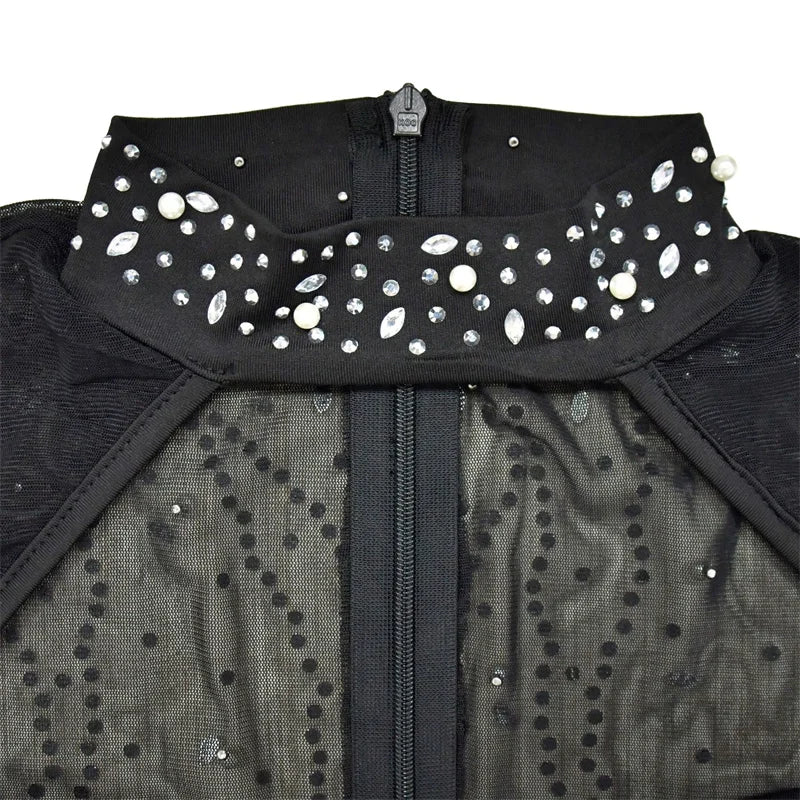 Luxury Autumn Women Skinny Diamonds Sparkly Sheer Mesh Jumpsuits Cut Out Rhinestone Black Sexy Party Evening Jumpsuit Rompers