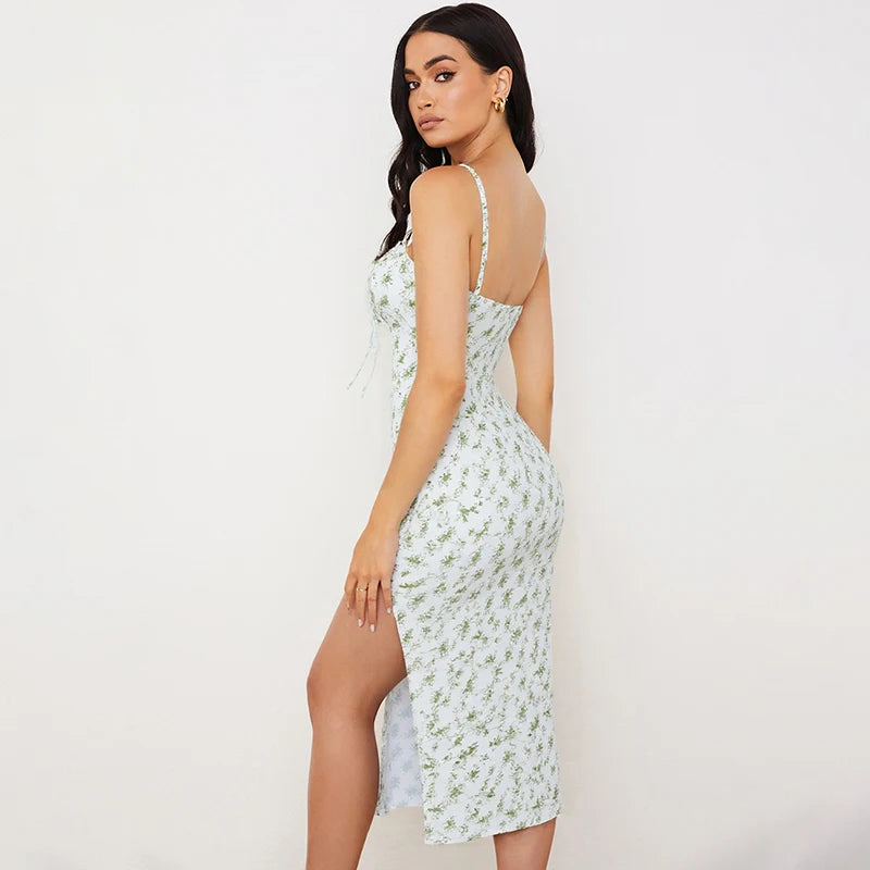 Hugcitar 2025 Floral Satin Slip Maxi Dress – Sleeveless Ruched Bandage Cut Out Party Dress