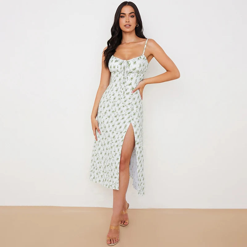 Hugcitar 2025 Floral Satin Slip Maxi Dress – Sleeveless Ruched Bandage Cut Out Party Dress