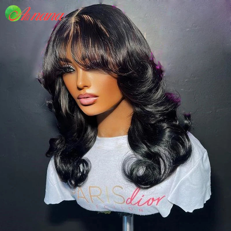 Reddish Brown Colored Body Wave With Bangs 13x6 Lace Frontal Wig Brazilian Remy Human Hair Wig For Women 5x7 Lace Closure Wigs