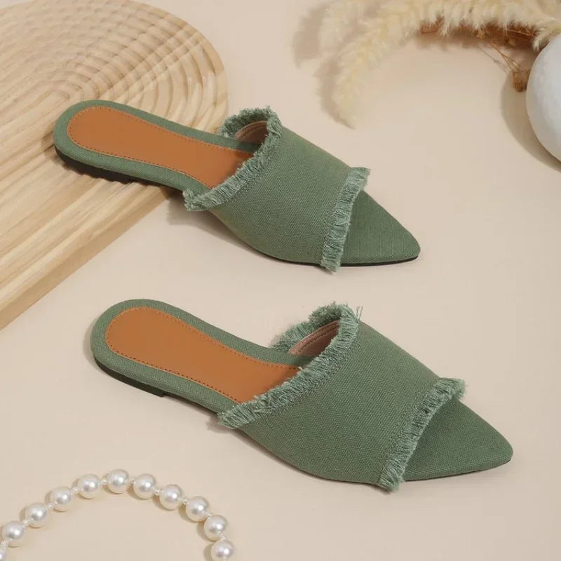 Women's Flat Stylish Beach Slippers, Denim Style, Summer Women's Pointed Cool Sandals Shoes for Women Zapatos Mujer