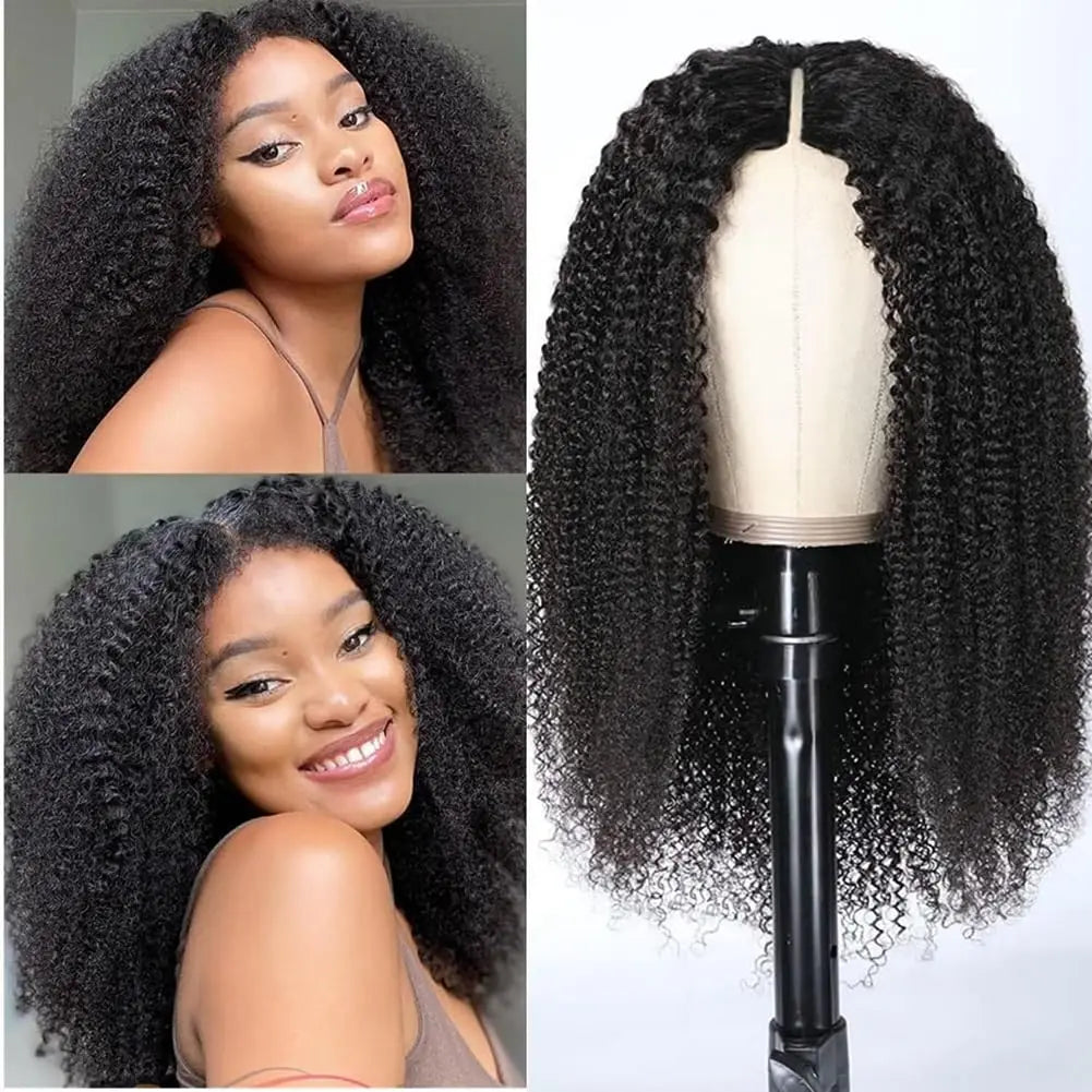 Afro Kinky Curly V Part Wig Human Hair 200% Afro Curly V Part Wig 10-24 Inch Full Machine Made  Remy Hair V Part Wig For Women
