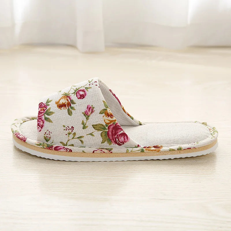 Four Season Linen Home Slippers – Women’s Indoor Non-Slip Floral Slides with Cartoon Cat Design
