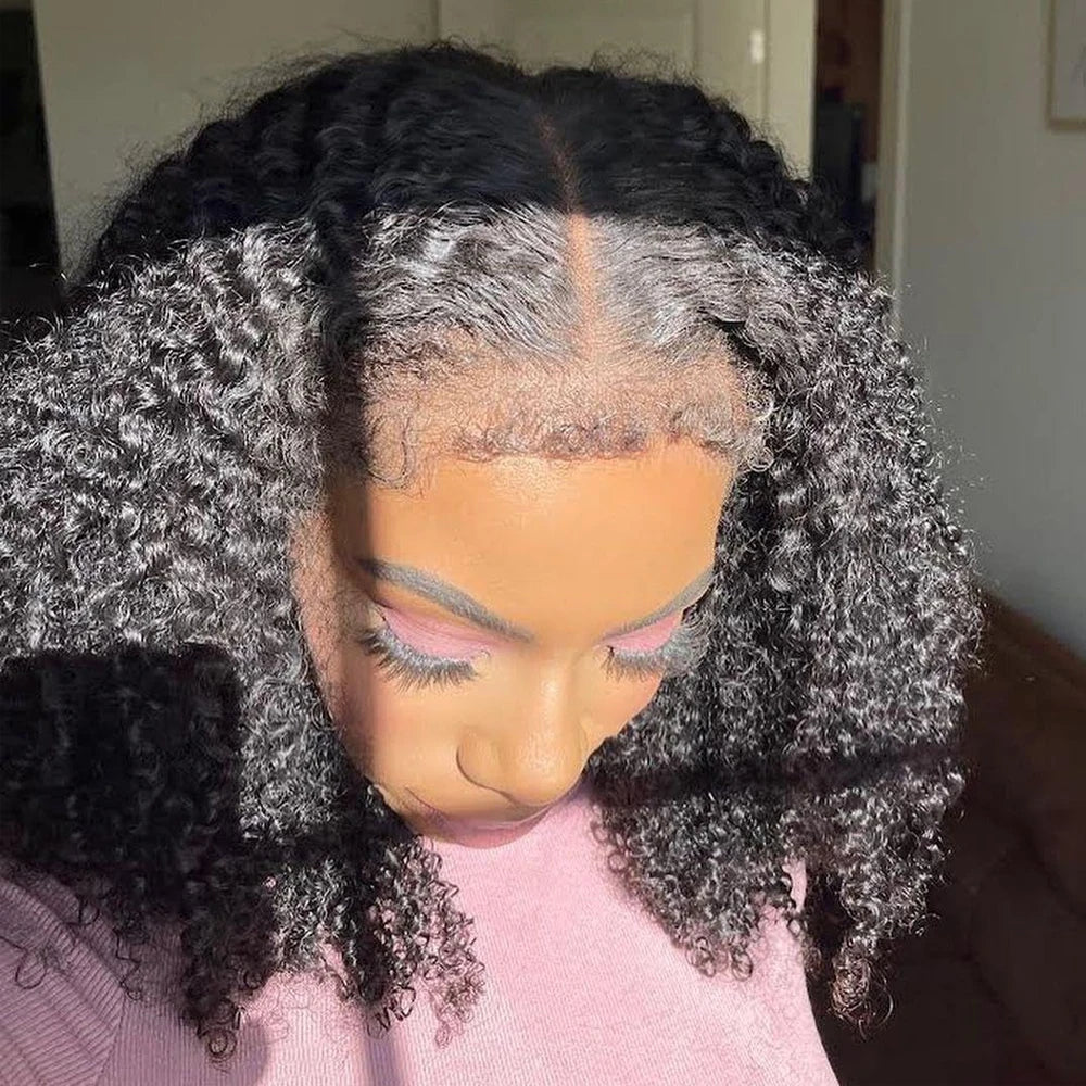 Short Bob Kinky Curly Human Hair Wig – 4C Edges Lace Front & 4x4 Closure, Transparent Lace Natural Hairline (100% Remy)