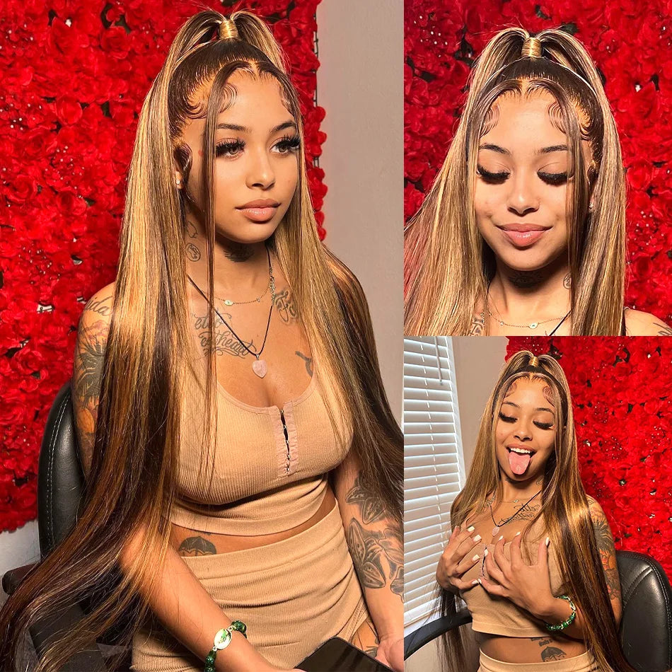 Straight Highlight 13x4 HD Transparent Lace Front Human Hair Wigs Pre Plucked Honey Blonde Colored Lace Frontal Wigs For Women