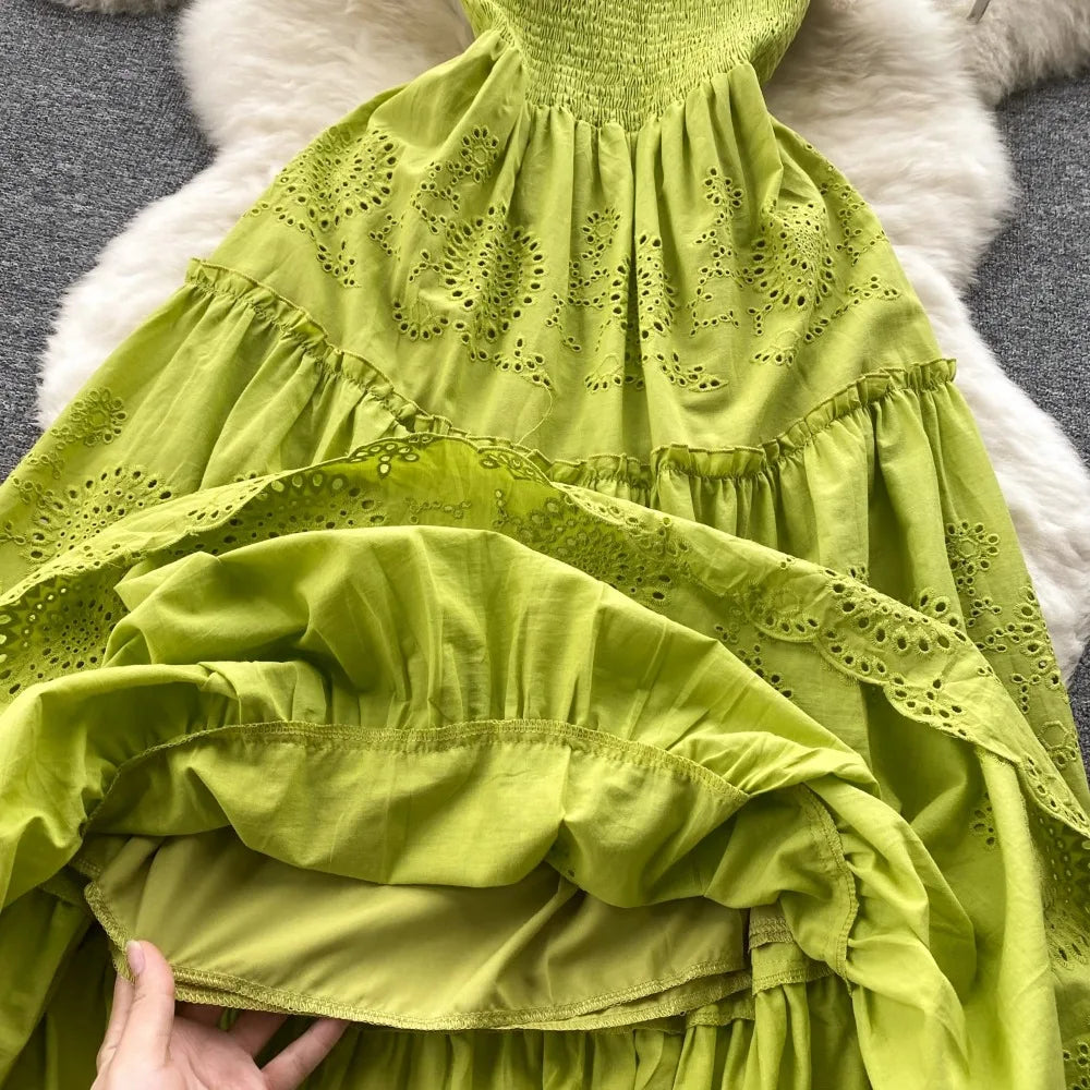 Elegant Sexy Backless High Waist embroidery Slip Dress Fairy A-line Summer Beach Vacation Slim Women Evening Party Dress