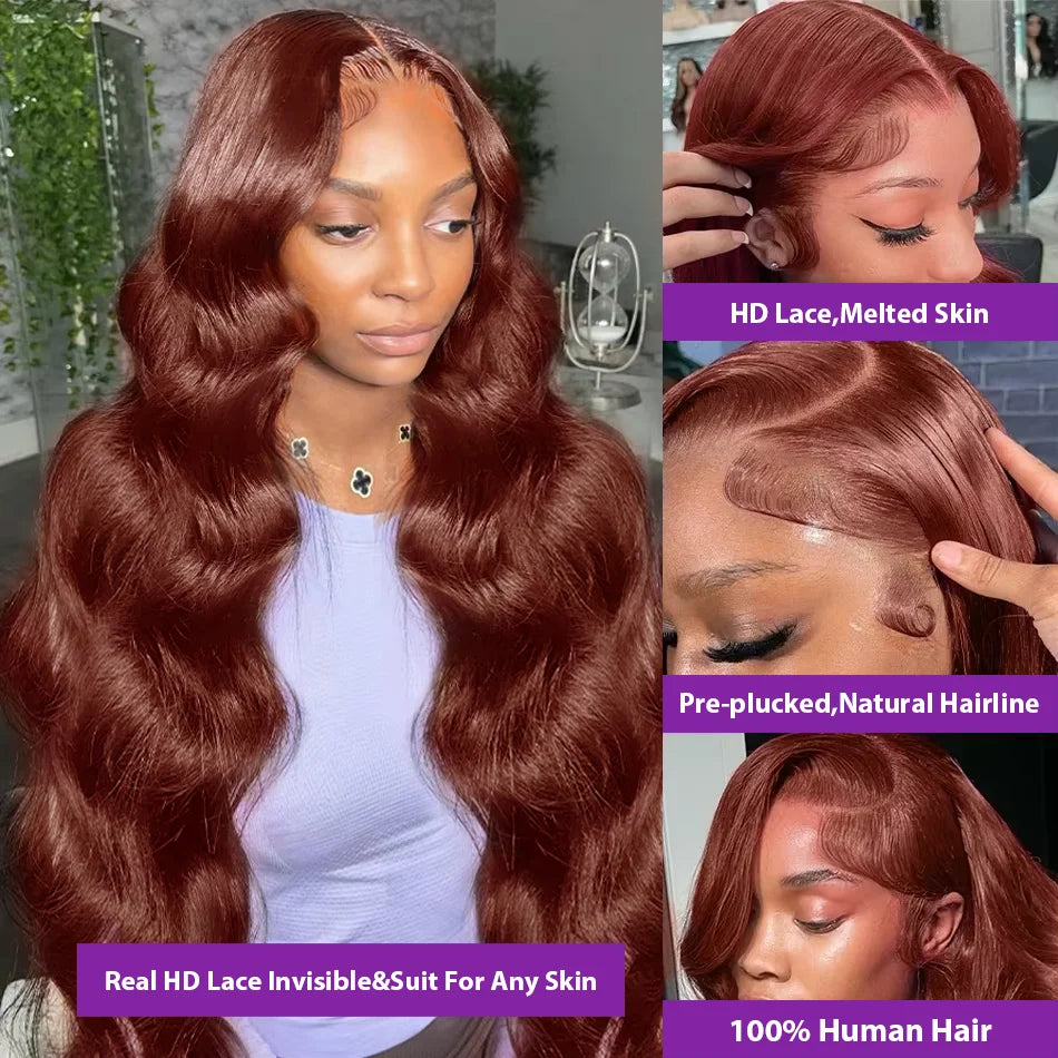 220 Density Reddish Brown 13x6 HD Lace Front Wigs Human Hair 13x4 Body Wave Colored Lace Frontal Wig 13x6 Chocolate Borwn Wig