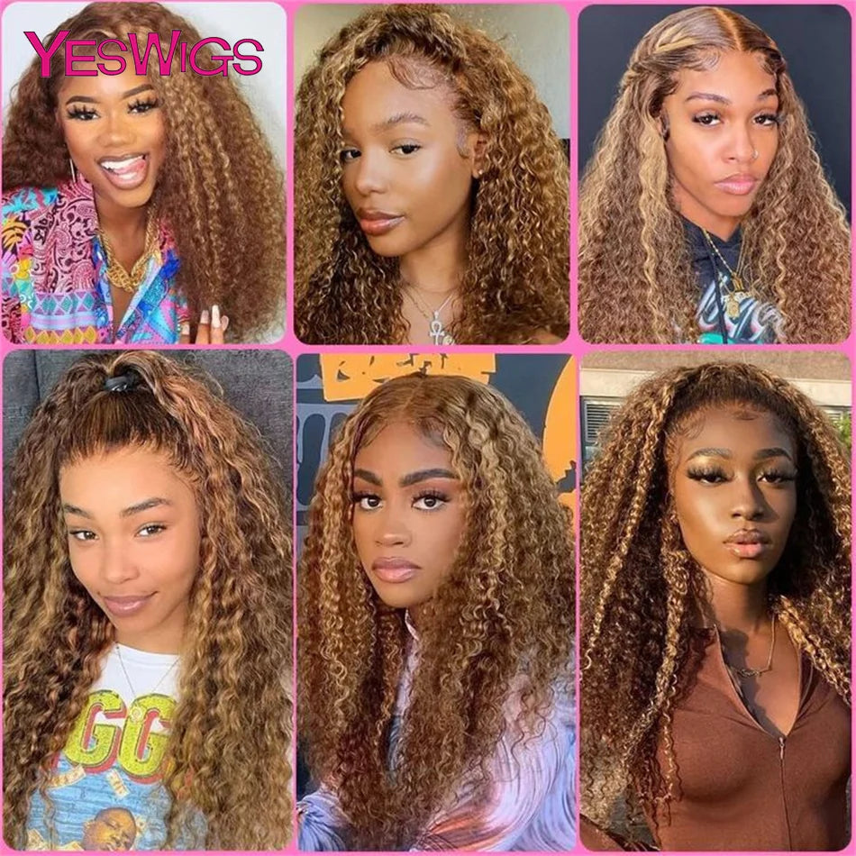 HD 13x6 Brown Lace Front Wig Honey Blonde Colored Curly Human Hair Wigs Highlight Wig Human Hair 13X4 Deep Wave Lace Frontal Wig