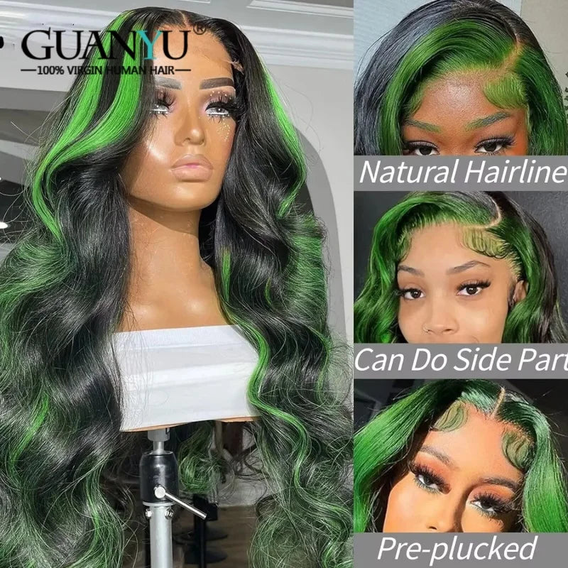 Highlight Green Human Hair 13x4 Lace Front Wigs For Women Green with Black Color Glueless Body Wave Lace Closure Wig Pre Plucked