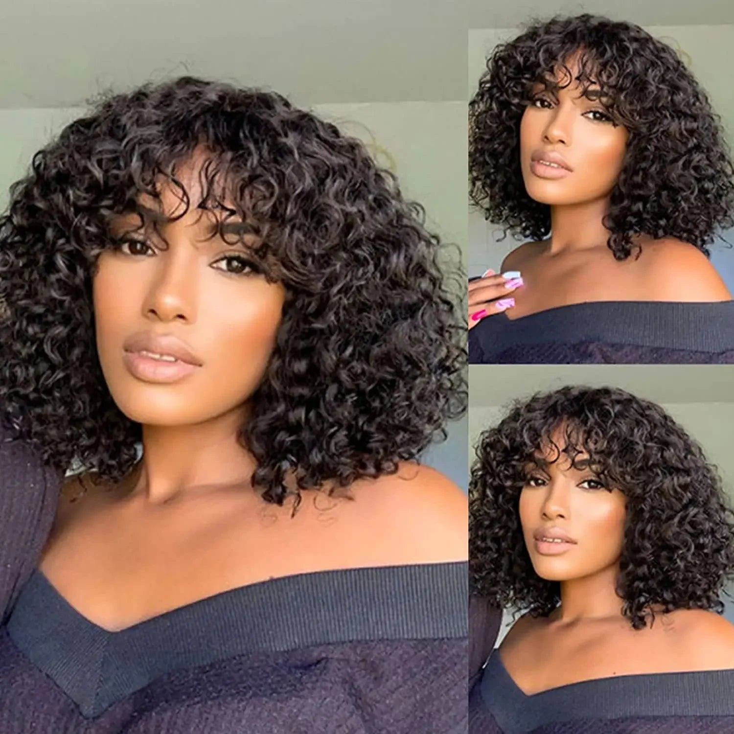 Curly Human Hair Wig with Bangs – 180% Density Water Wave Virgin Brazilian Wig, Glueless Full Machine Made for Black Women