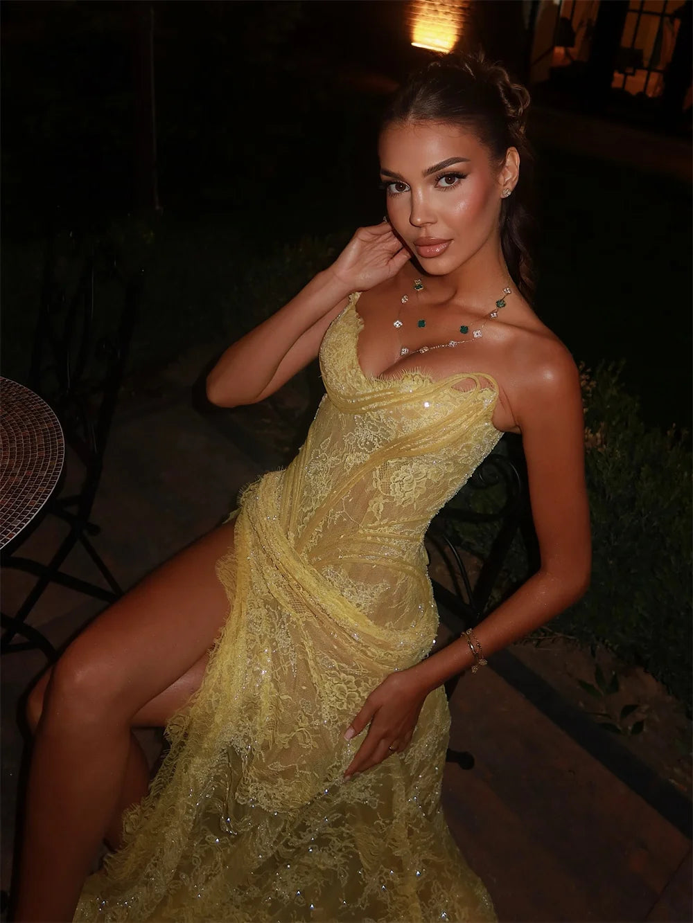Yellow Mermaid Lace Embroidery Prom Dresses Sequins Sleeveless vestidos de noiva Side High Split Formal Evening