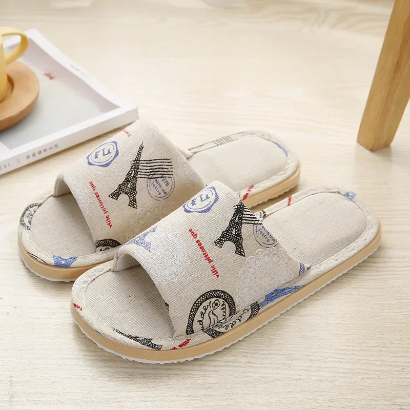 Four Season Linen Home Slippers – Women’s Indoor Non-Slip Floral Slides with Cartoon Cat Design