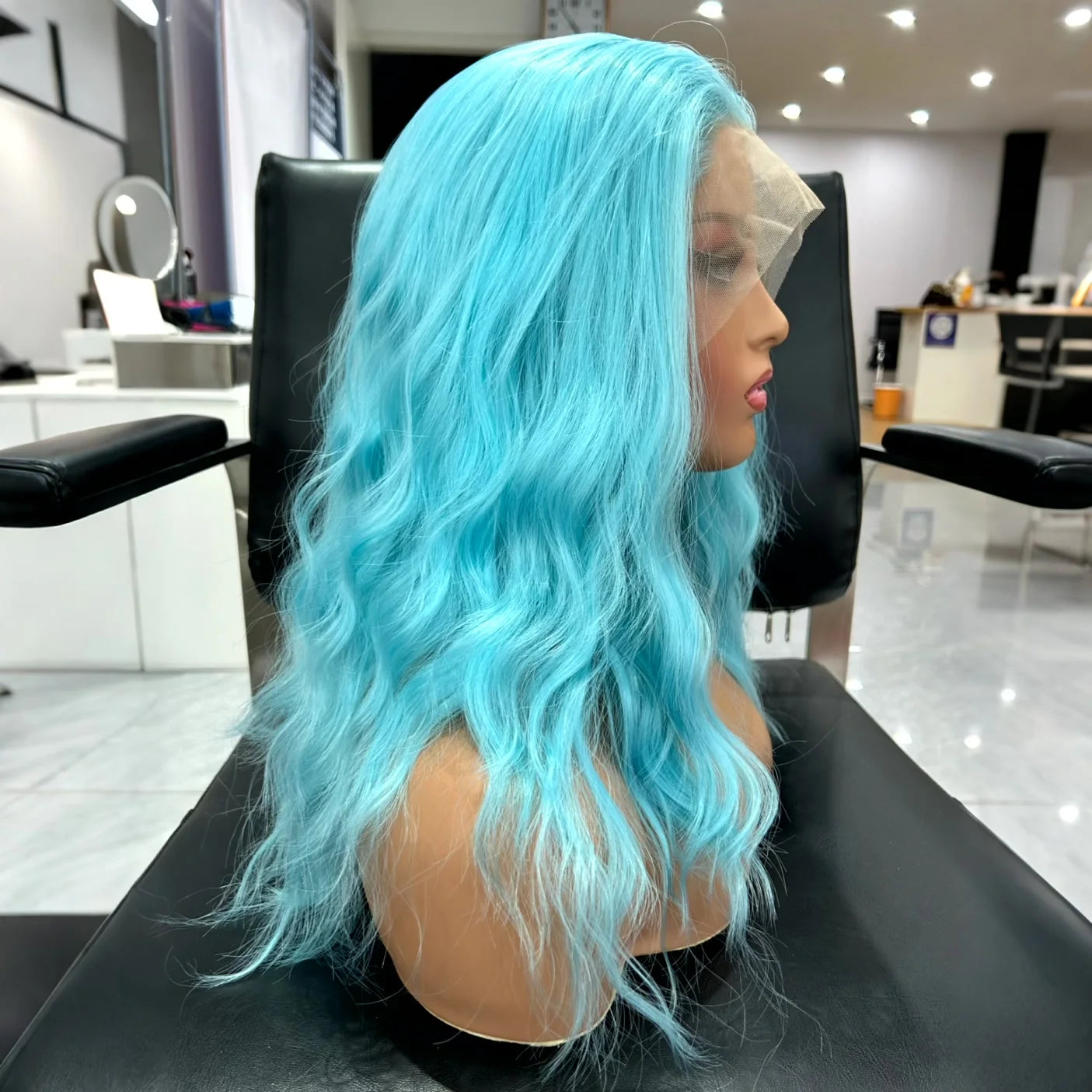 Short Curly Wavy Bob Wig – Sky Blue Synthetic Lace Front Wig, Shoulder-Length Loose Wave for Women