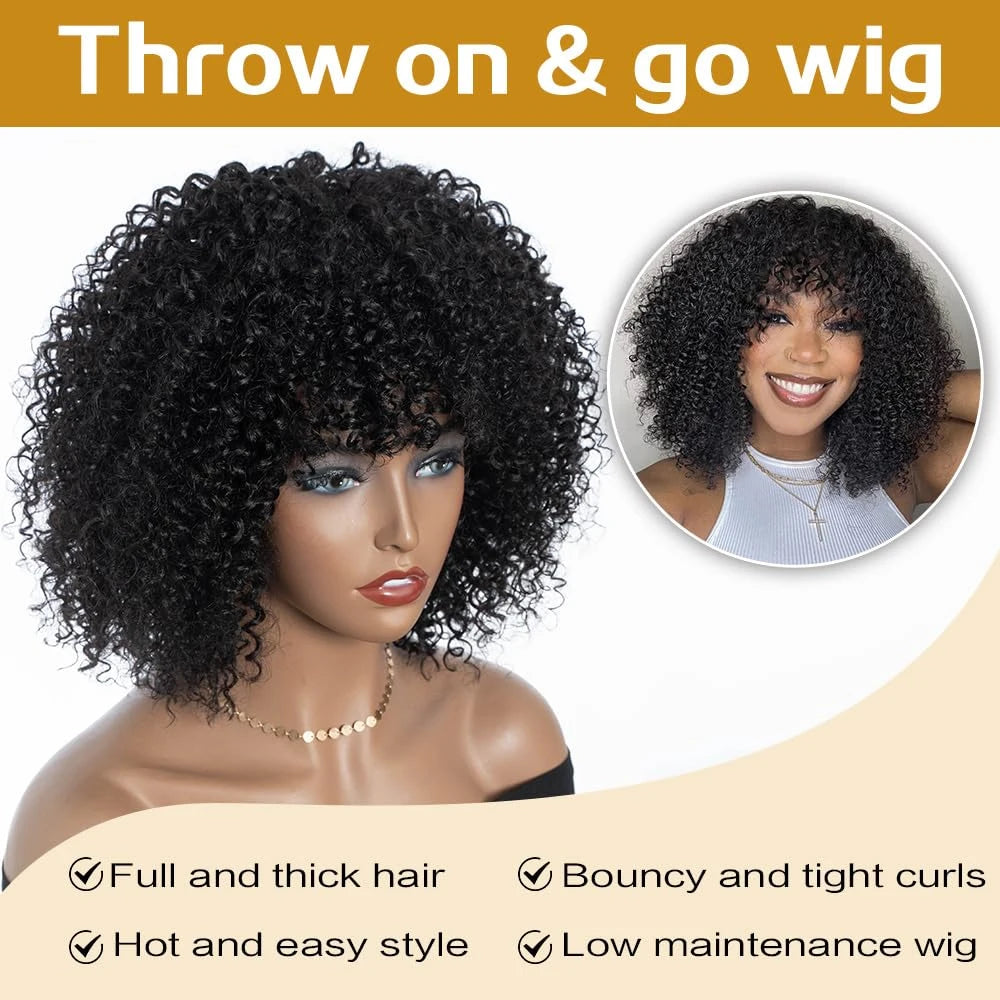 Curly Human Hair Wig with Bangs – 180% Density Water Wave Virgin Brazilian Wig, Glueless Full Machine Made for Black Women