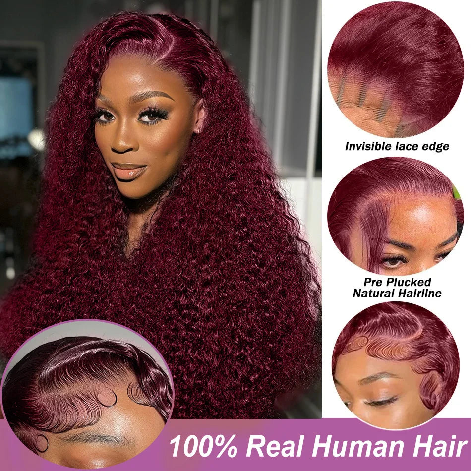 40 Inch 99J Burgundy Deep Wave 13x6 HD Lace Front Wig 250% Red Colored Curly 13x4 Lace Frontal Human Hair Wigs For Women