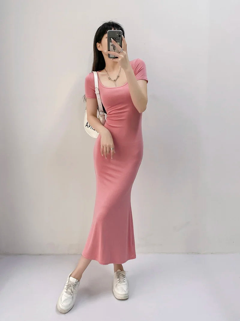 Long Dresses Women Solid Simple Elegant Partywear Gentle Trumpet Vestidos Slim French Vintage Night Club Temper Womens Daily