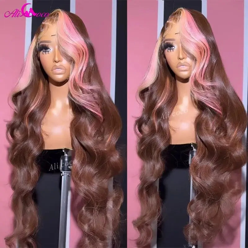 Brown Pink 13x4 Body Lace Frontal Wig For Women 12A Pink Hightlight Lace Front Human Hair Wigs Preplucked