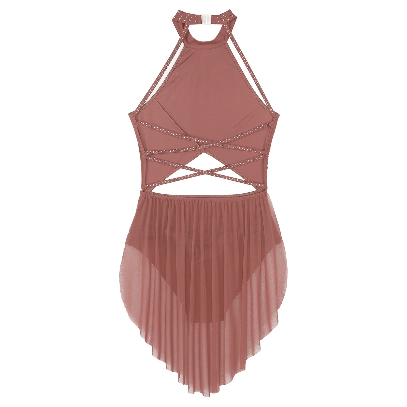 Womens Lyrical Dance Dress Performance Costume Cutout Strappy Backless Sheer Mesh Overlay Glittery Rhinestone Leotard Dress