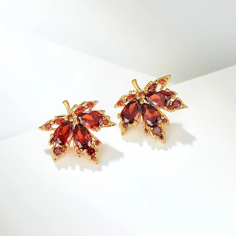 Red Gem Maple Leaf Stud Earrings for Women New Fashion Light Luxury Earrings Retro Simple Crystal Earrings Jewelry