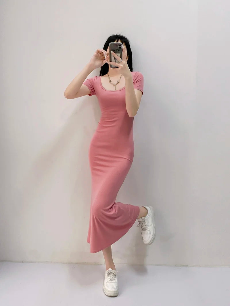 Long Dresses Women Solid Simple Elegant Partywear Gentle Trumpet Vestidos Slim French Vintage Night Club Temper Womens Daily