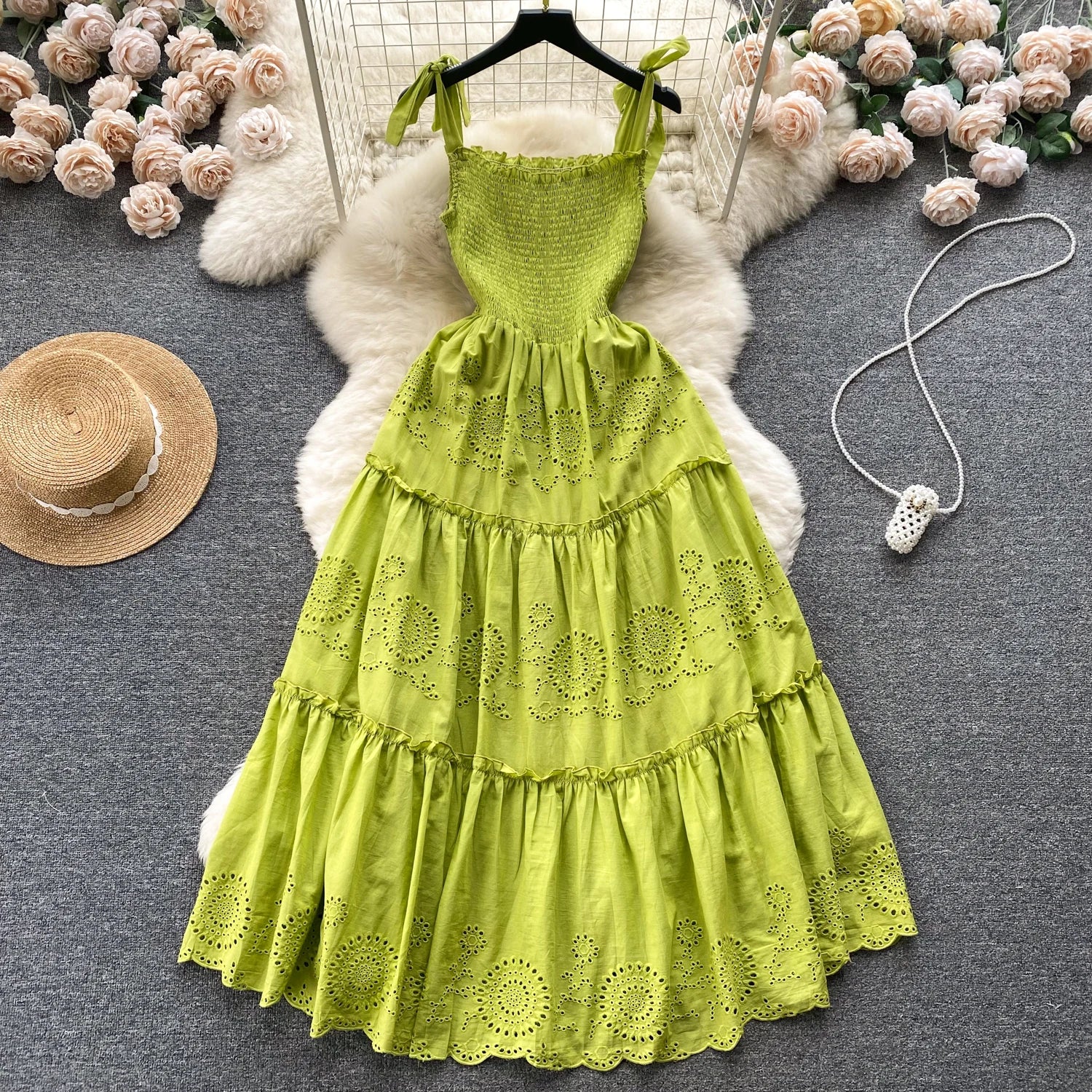 Elegant Sexy Backless High Waist embroidery Slip Dress Fairy A-line Summer Beach Vacation Slim Women Evening Party Dress