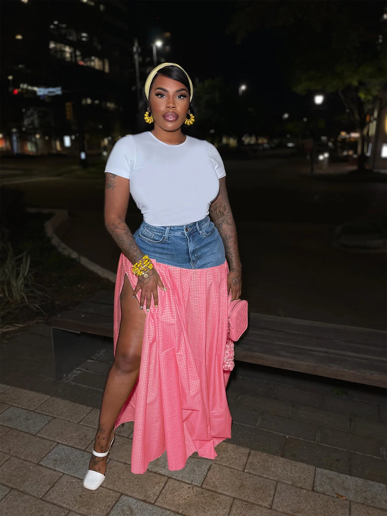 Fashion High Side Split Plaid Denim Patchwork Loose Maxi Long SkirtsSummer Streetwear Classic Party Skirt