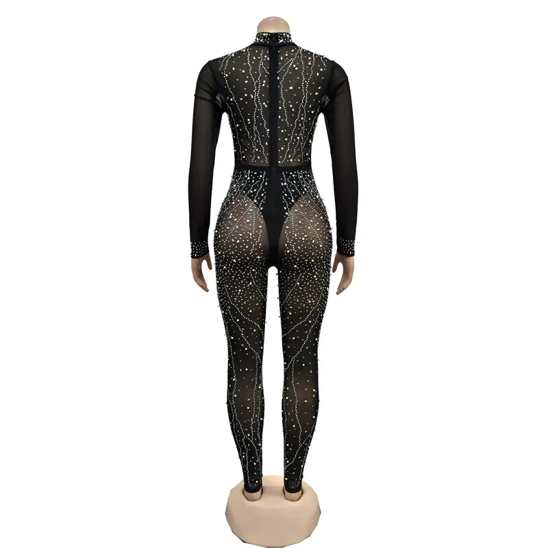 Luxury Autumn Women Skinny Diamonds Sparkly Sheer Mesh Jumpsuits Cut Out Rhinestone Black Sexy Party Evening Jumpsuit Rompers