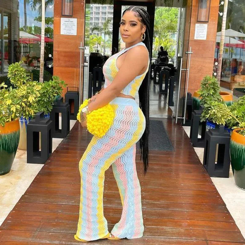 Women’s Knitted Striped 2-Piece Set – Sleeveless Crop Top & Flare Pants Summer Outfit