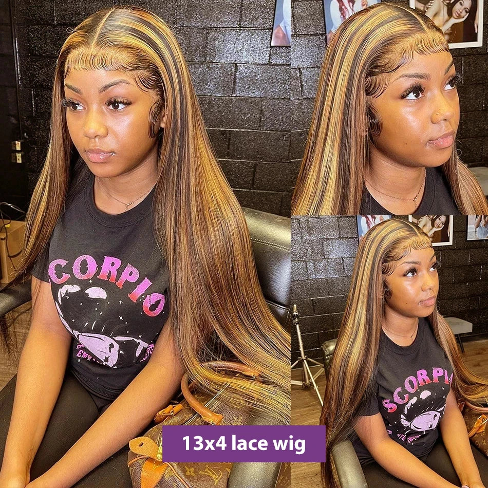 Straight Highlight 13x4 HD Transparent Lace Front Human Hair Wigs Pre Plucked Honey Blonde Colored Lace Frontal Wigs For Women